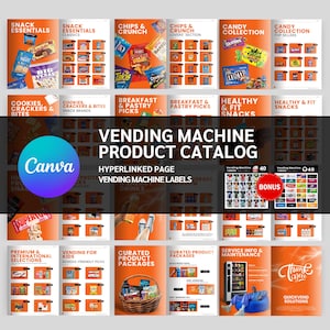 May include: A vending machine product catalog with orange and white pages. Categories include snacks, chips, candy, breakfast, and healthy options. The catalog features product images and the text "VENDING MACHINE PRODUCT CATALOG".