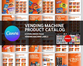 Editable Vending Machine Products Catalog, Vending Drinks Catalog, Vending Product List, Vending Snack Catalog, Free Vending Machine Labels