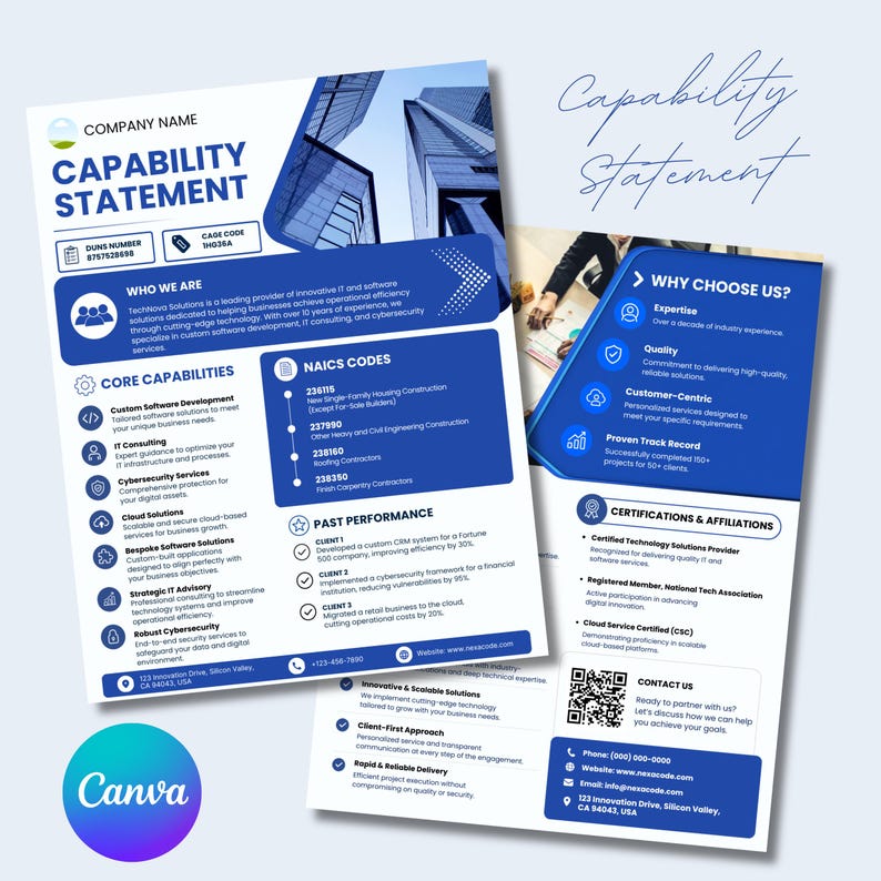 May include: A blue and white capability statement, detailing IT and software solutions. The document includes sections on core capabilities, NAICS codes, and past performance. The Canva logo is visible in the bottom left corner.