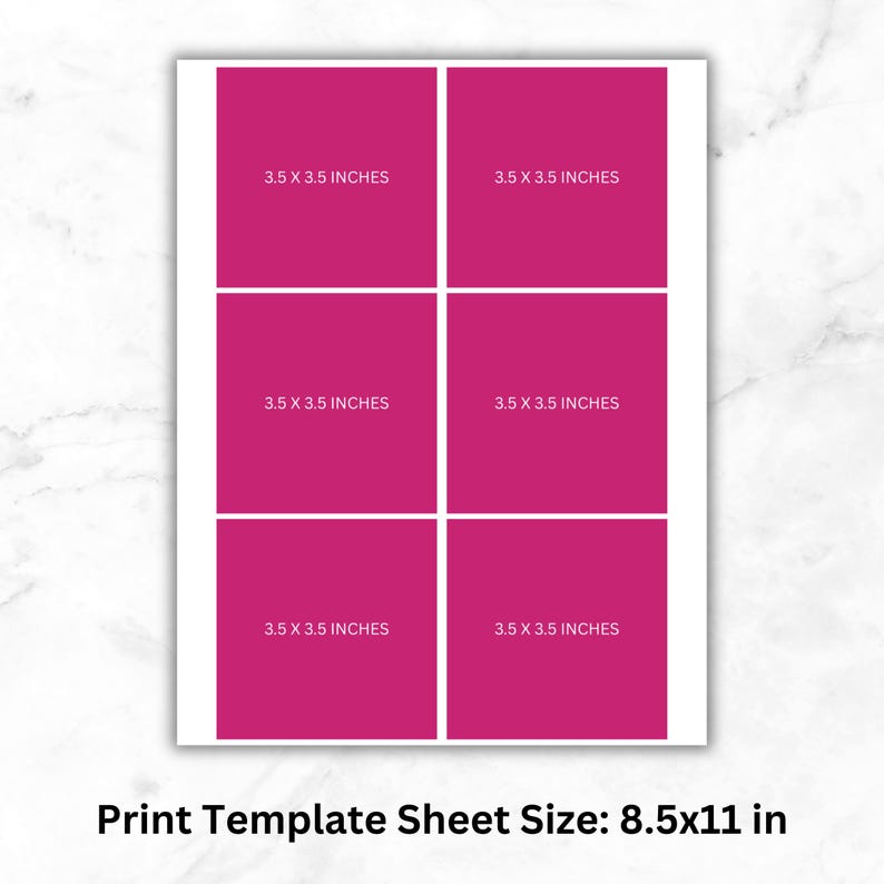 Puede incluir: Hoja de plantilla de impresi&oacute;n con seis cuadrados magenta, cada uno con la etiqueta "3.5 X 3.5 INCHES." El tama&ntilde;o de la hoja es de 8.5x11 pulgadas. Ideal para crear impresiones o etiquetas personalizadas. Fondo blanco con patr&oacute;n de m&aacute;rmol.