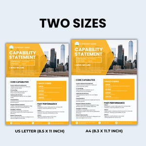 Może przedstawiać: Dwa ulotki "Capability Statement", jedna w formacie US Letter (21,6 x 27,9 cm) i jedna w formacie A4 (21,0 x 29,7 cm). Obie mają ż&oacute;łto-biały design z tekstem, w tym "Capability Statement", "Core Capabilities" i "NAICS Codes".