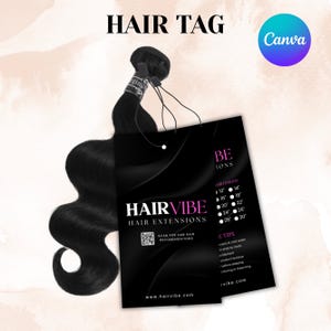 Puede incluir: Un mech&oacute;n de extensiones de cabello negro con una etiqueta negra. La etiqueta dice "HAIRVIBE HAIR EXTENSIONS" y enumera longitudes de cabello de 30 cm a 76 cm. La etiqueta tambi&eacute;n incluye consejos de cuidado y un c&oacute;digo QR.