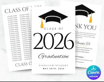 Modelo de Programa de Formatura 2026, Cartão de Cerimônia Editável 2026, Turma de 2026, Programa de Formatura do Ensino Médio e Superior, Download Imediato