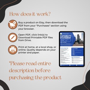 May include: A digital product guide with instructions on how to download a PDF from Etsy. The guide includes steps to download from the "Purchases" section, open the PDF, and print at home or a local shop. A tablet displays a capability statement.