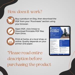 May include: An informational graphic with instructions on how to download a PDF from Etsy. The steps include purchasing, downloading from the "Purchases" section, opening the PDF, and printing. A tablet displays a "Capability Statement."