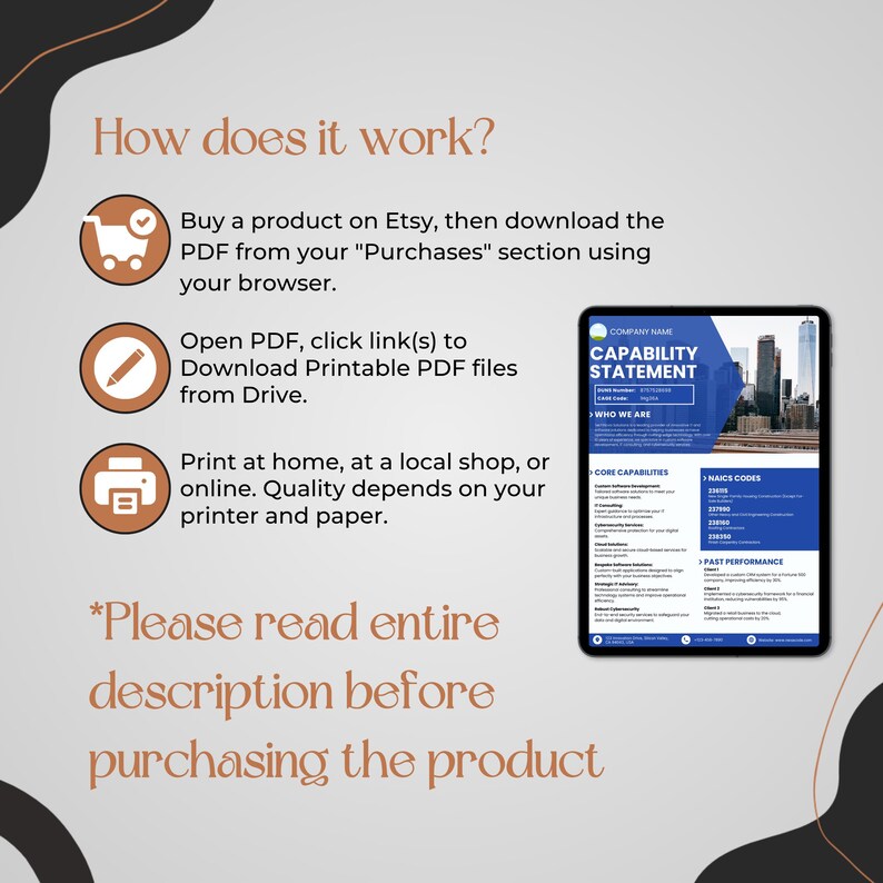 May include: An informational graphic with instructions on how to download a PDF from Etsy. The steps include purchasing, downloading from the "Purchases" section, opening the PDF, and printing. A tablet displays a "Capability Statement."