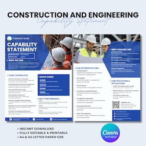 May include: A blue and white construction and engineering capability statement. The document includes text, graphics, and images of construction workers. The document is fully editable and printable.