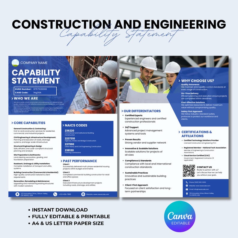 May include: A blue and white construction and engineering capability statement. The document includes text, graphics, and images of construction workers. The document is fully editable and printable.