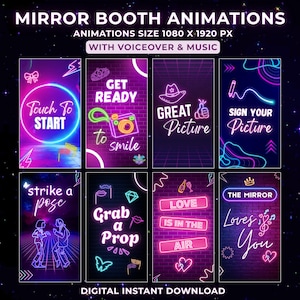 以下が含まれることがあります： フォトブース用のアニメーションネオンサインが9つ。サインには、「タッチしてスタート」、「笑顔の準備を」、「素晴らしい写真」、「写真にサインを」、「ポーズをとる」、「小道具を掴む」、「愛は空気中にある」、「鏡はあなたを愛している」などのフレーズが書かれています。