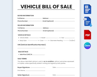 Contratto di vendita di veicolo, accordo di vendita di veicolo a motore stampabile, contratto di vendita vuoto per auto, moto, Word modificabile, Google Docs, PDF