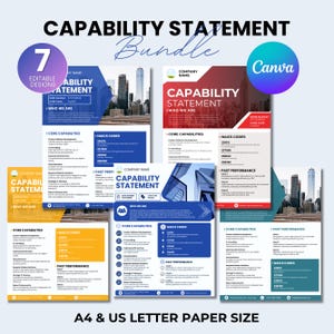 May include: A bundle of seven editable capability statement designs. The designs feature a modern layout with sections for core capabilities, NAICS codes, and past performance. The documents are available in A4 and US letter paper sizes.