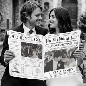 以下が含まれることがあります： カップルが手に持っている白黒の新聞「The Wedding Post」。一面には「Today, We Become One」という見出し、新郎新婦の写真、「How Well Do You Know Us」というクイズ、そしてオリビアとジェームズという名前が印刷されています。