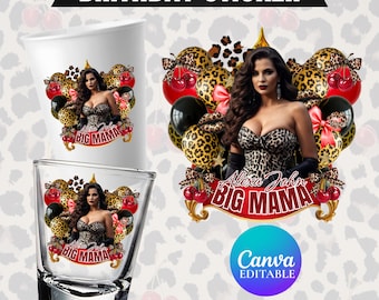 Adesivo de aniversário da Big Mama, Adesivo de copo de isopor da Big Mama, Copo de shot de cereja com estampa de chita, Todos os signos do zodíaco, Design de camiseta, Modelo do Canva