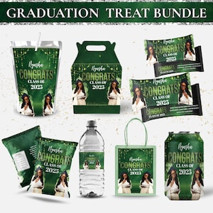 Senior Graduation Party Favor Bundle, Personalized Green Theme Graduation Favors, Graduation Chip Bag, Class of 2025 Grad Treat Bundle