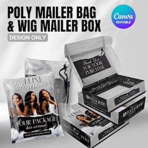 May include: A display of poly mailer bags and wig mailer boxes. The packaging features the text "LUXE Elegance" and "YOUR PACKAGE has arrived". The boxes and bags are black and white with images of women. The text "Thank You FOR YOUR PURCHASE" is also visible.