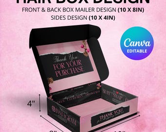 Modèle de boîte à cheveux, boîte personnalisée prête à l'emploi, emballage pour boîte à lace front, modèle de boîte à faire soi-même pour entreprise de beauté, modèle Canva