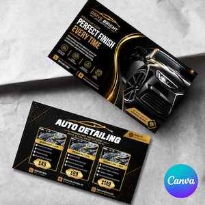May include: Two black and gold auto detailing business cards. One card features a black car, the text DRIVE BRIGHT, and contact details. The second card lists service packages labeled STANDARD CARE, PREMIUM CARE, and SIGNATURE CARE with prices.