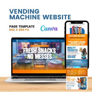 自動販売機ビジネスウェブサイトCanvaテンプレート、自動販売機ビジネスオーナー向けプロフェッショナルウェブサイトテンプレート、すぐにダウンロード可能