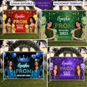 Può includere: Quattro sfondi di diversi colori per un addio al ballo di fine anno. Ogni sfondo presenta uno sfondo scintillante con stelle, palloncini e il testo "Nyasha Prom Send Off 2025".