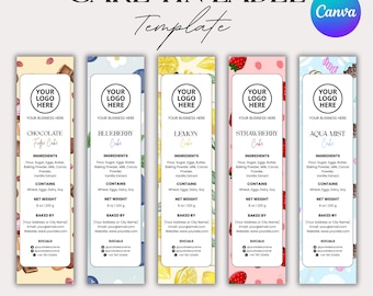 Puede incluir: Plantilla de etiqueta para lata de pastel con cinco diseños: Chocolate, Arándanos, Limón, Fresa y Aqua Mist. Cada etiqueta incluye un marcador de posición para el logotipo, ingredientes y un peso neto de 220 g. El texto "5 DESIGNS INCLUDED" está abajo.