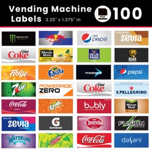 Peut inclure: Étiquettes pour distributeurs automatiques présentant diverses marques de boissons, dont Diet Coke, Gatorade et Cheerwine. Chaque étiquette mesure 8,26 x 3,49 cm. Les étiquettes sont rectangulaires avec des logos colorés et des noms de marques.