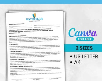 Inflatable Water Slide & Bounce House Liability Waiver, Water Slide Waiver Consent Form,Equipment Rental Release Template, Bounce House Form