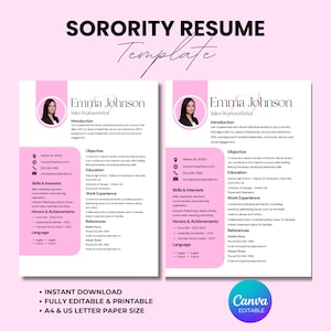 Sorority Resume Template, Sorority Pink Resume Template, Sorority Resume, Sorority Template, Resume Template for Sorority Girl, Editable