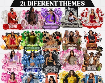 Geburtstags-Design-Vorlagen-Bundle, 20 + Geburtstagsaufkleber, Styroporbecher-Aufkleber, T-Shirt-Designs, bearbeitbarer rosa Gepard, Cowgirl, Kasino, Y2k Design