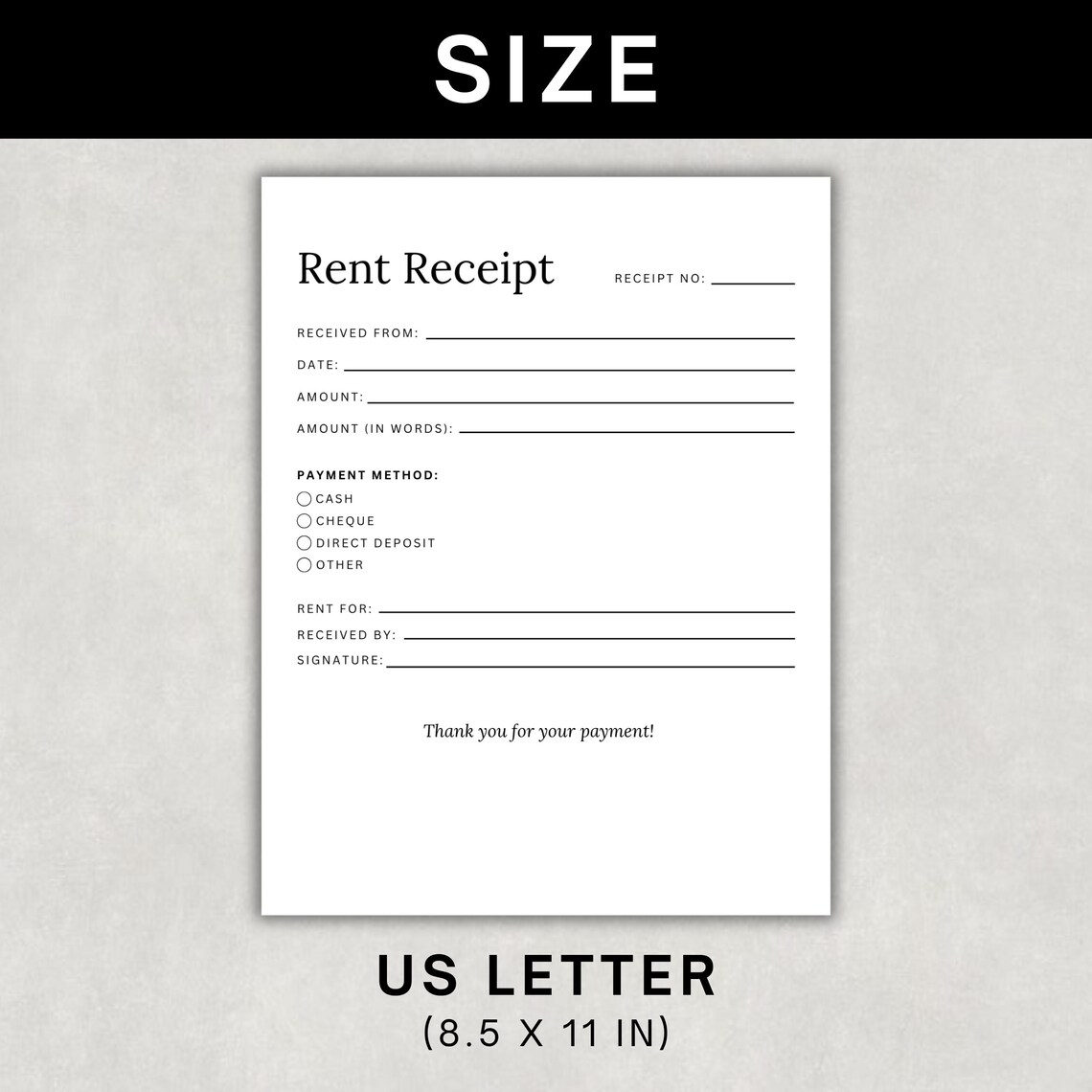 Editable Rent Receipt Template, Printable Simple Rent Receipt ...
