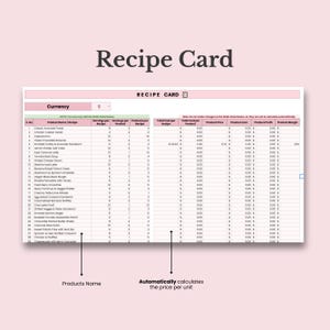 May include: A pink and white printable recipe card template with the title "Recipe Card" and a table with columns for product name, servings per product, products per recipe, total cost per recipe, total cost per product, product price, product cost, product profit, and product margin. The table is designed to help users calculate the cost of their recipes and track their profits.