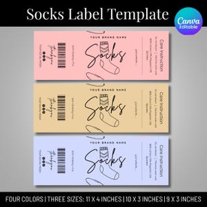 May include: A socks label template in pink, tan, and blue. Each label features the word "Socks" in script, a sock illustration, and care instructions. The labels come in three sizes: 11 x 4 inches, 10 x 3 inches, and 9 x 3 inches.