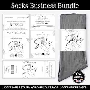 May include: A business bundle featuring sock labels, thank you cards, over tags, and header cards. The labels and cards have a minimalist design with the word "Socks" and a sock illustration. The image also includes a pair of gray socks.