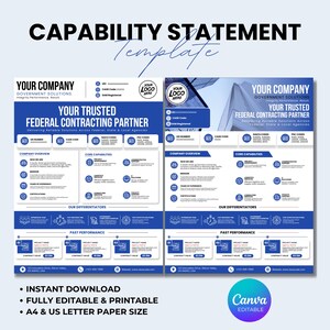 May include: A blue and white capability statement template for government contracting. The document includes sections for company overview, core capabilities, differentiators, and past performance, with placeholders for logos, UEI, CAGE, and NAICS codes.