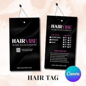Könnte beinhalten: Schwarze Haarverlängerungsanhänger mit dem Hair Vibe-Logo in Weiß und Rosa. Die Anhänger listen Haartexturen, Längen von 30 bis 76 cm und Haarpflegetipps auf. Ein QR-Code und eine Website-Adresse sind ebenfalls enthalten.
