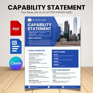 May include: A digital capability statement template in A4 and US letter sizes, featuring a blue and white layout with a city skyline image, company name, DUNS number 8757528698, CAGE code IHG36A, core capabilities, NAICS codes, and past performance sections.