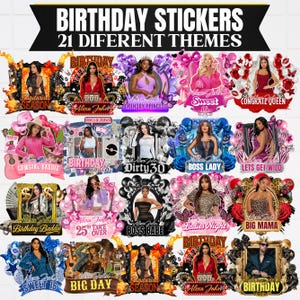 Geburtstags-Design-Vorlagen-Bundle, 20 + Geburtstagsaufkleber, Styroporbecher-Aufkleber, T-Shirt-Designs, bearbeitbarer rosa Gepard, Cowgirl, Kasino, Y2k Design