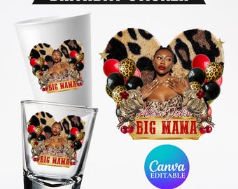 Adesivo de aniversário da Big Mama, Adesivo de copo de isopor da Big Mama, Copo de shot de cereja com estampa de chita, Todos os signos do zodíaco, Design de camiseta, Modelo do Canva
