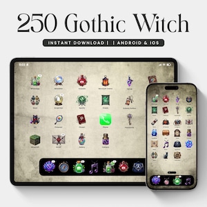 Könnte beinhalten: Eine digitale Anzeige von 250 App-Symbolen zum Thema Gothic Witch auf einem Tablet- und Smartphone-Bildschirm. Die Symbole zeigen dunkle, mystische Illustrationen wie Zaubertrankflaschen, Kristallkugeln, Katzen und Schlüssel auf Pergament.