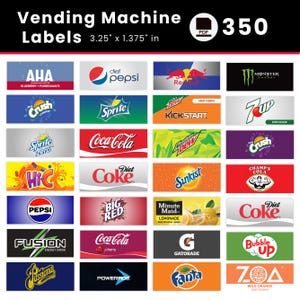Peut inclure: Un ensemble de 350 étiquettes rectangulaires pour distributeurs automatiques au format PDF, mesurant chacune 8,26 cm sur 3,49 cm. Les étiquettes présentent divers logos de marques de boissons comme Coca-Cola, Pepsi, Sprite, Fanta et Gatorade.