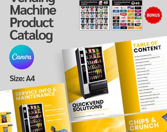Editable Vending Machine Products Catalog, Vending Drinks Catalog, Vending Product List, Vending Snack Catalog, Free Vending Machine Labels