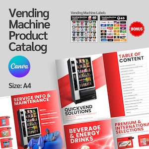 Editable Vending Machine Products Catalog, Vending Drinks Catalog, Vending Product List, Vending Snack Catalog, Free Vending Machine Labels