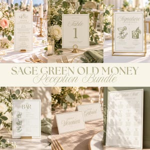 May include: A wedding reception stationery bundle featuring off-white cardstock with sage green text and borders. Includes a menu, table number, signature cocktail sign, bar menu, place cards with names, and a large seating chart with table numbers.