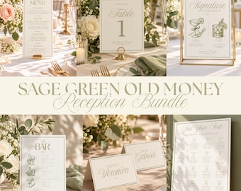 Sage Green Wedding Reception Bundle Template, Editable Ceremony Program, Menu, and Signage Suite for Modern Weddings