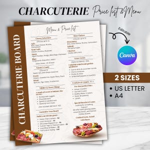 Bearbeitbares Charcuterie-Preislistenmenü, Charcuterie-Business-Preislistenmenü, Lebensmittelpreislistenvorlage, Weidentischmenü, Canva-Vorlage