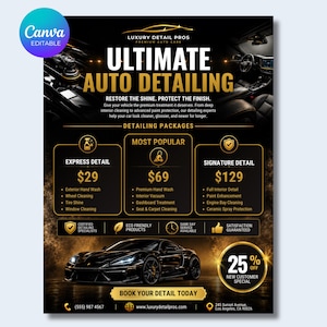以下が含まれることがあります： Luxury Detail Prosの黒と金のチラシ。Ultimate Auto Detailing, Restore the Shine. Protect the Finish.というテキスト、Express、Most Popular、Signatureの各パッケージの価格、車のグラフィック、連絡先情報が記載されています。
