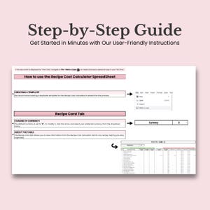 May include: A step-by-step guide on how to use a recipe cost calculator spreadsheet. The guide includes instructions on creating a template, changing the currency, and using the recipe card tab. The image shows a screenshot of a Google Sheet with the instructions highlighted.