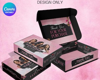 Diseño de caja para pelucas, diseño de caja personalizada prediseñada, diseño de caja con frente de encaje, diseño de caja DIY para negocios de belleza, plantilla de Canva