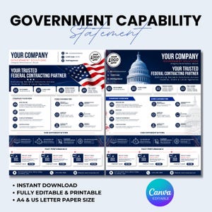 May include: A government capability statement template featuring two layout variations with blue and white color schemes. The document includes sections for company overview, core capabilities, past performance, and contact details, with a US flag graphic.