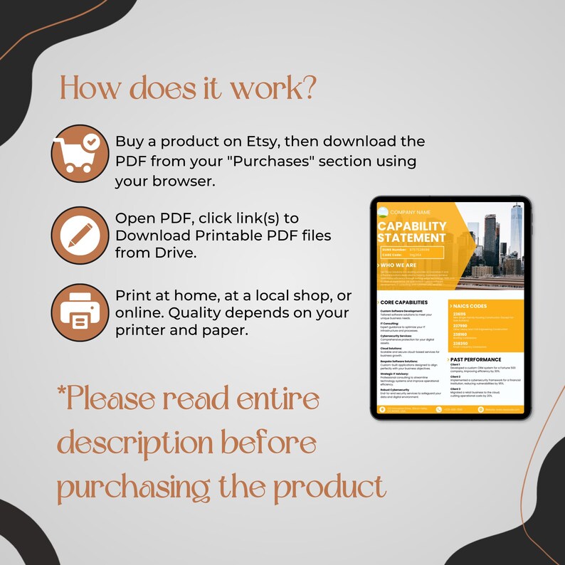 Może przedstawiać: Grafika informacyjna z instrukcjami, jak pobrać plik PDF z Etsy. Kroki są opisane za pomocą ikon i tekstu. Tablet wyświetla &bdquo;Oświadczenie o możliwościach&rdquo; z tłem krajobrazu miejskiego. Tekst na dole brzmi &bdquo;Proszę przeczytać cały opis przed zakupem produktu&rdquo;.