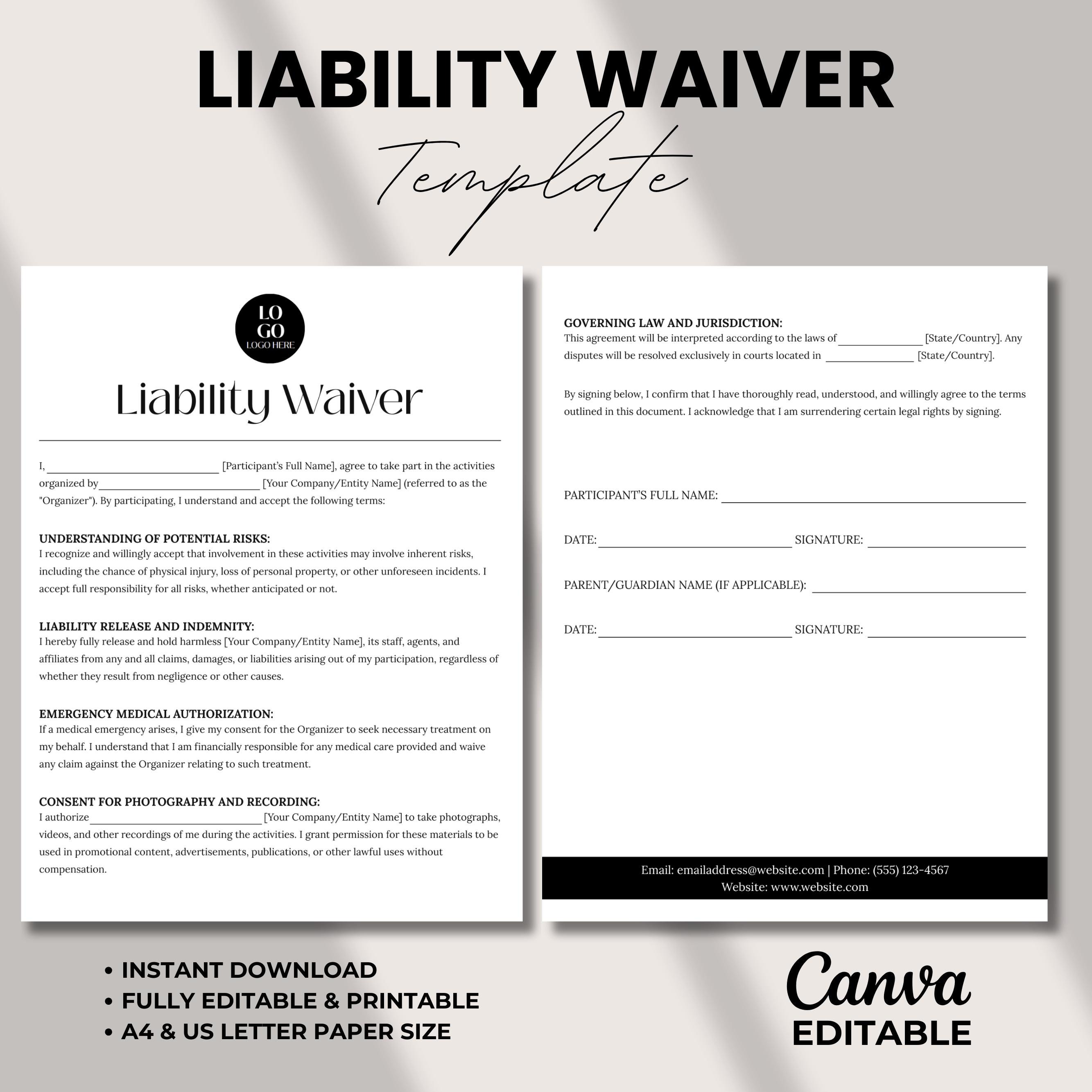 Editable All Purpose Liability Waiver, General Liability Waiver, Business Waiver, US Letter A4 Sizes, Canva Template, Instant Download